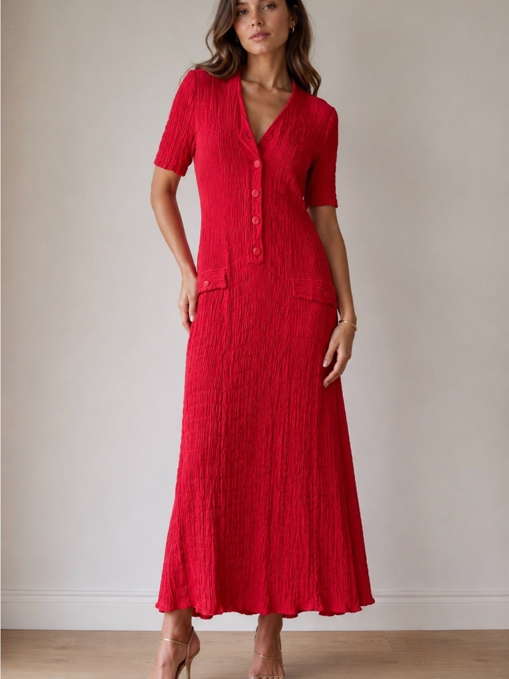 Women’s Red Button-Front Midi Dress
